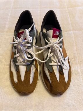 New Balance White, Brown & Gray Retro Runner with red Tongue Tab